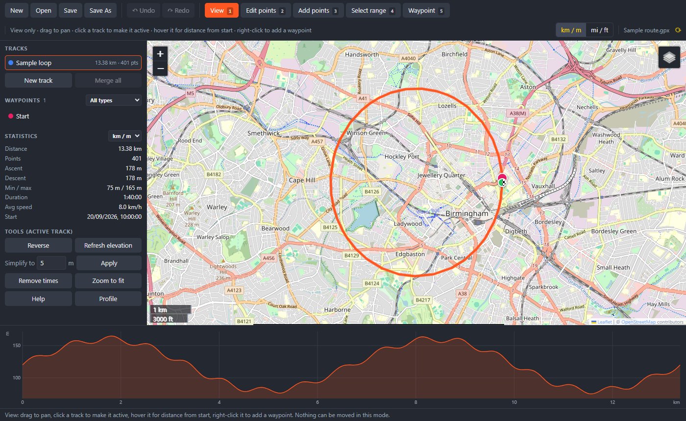 GPX Editor showing a loop route on an OpenStreetMap map, with track statistics on the left and the elevation profile below
