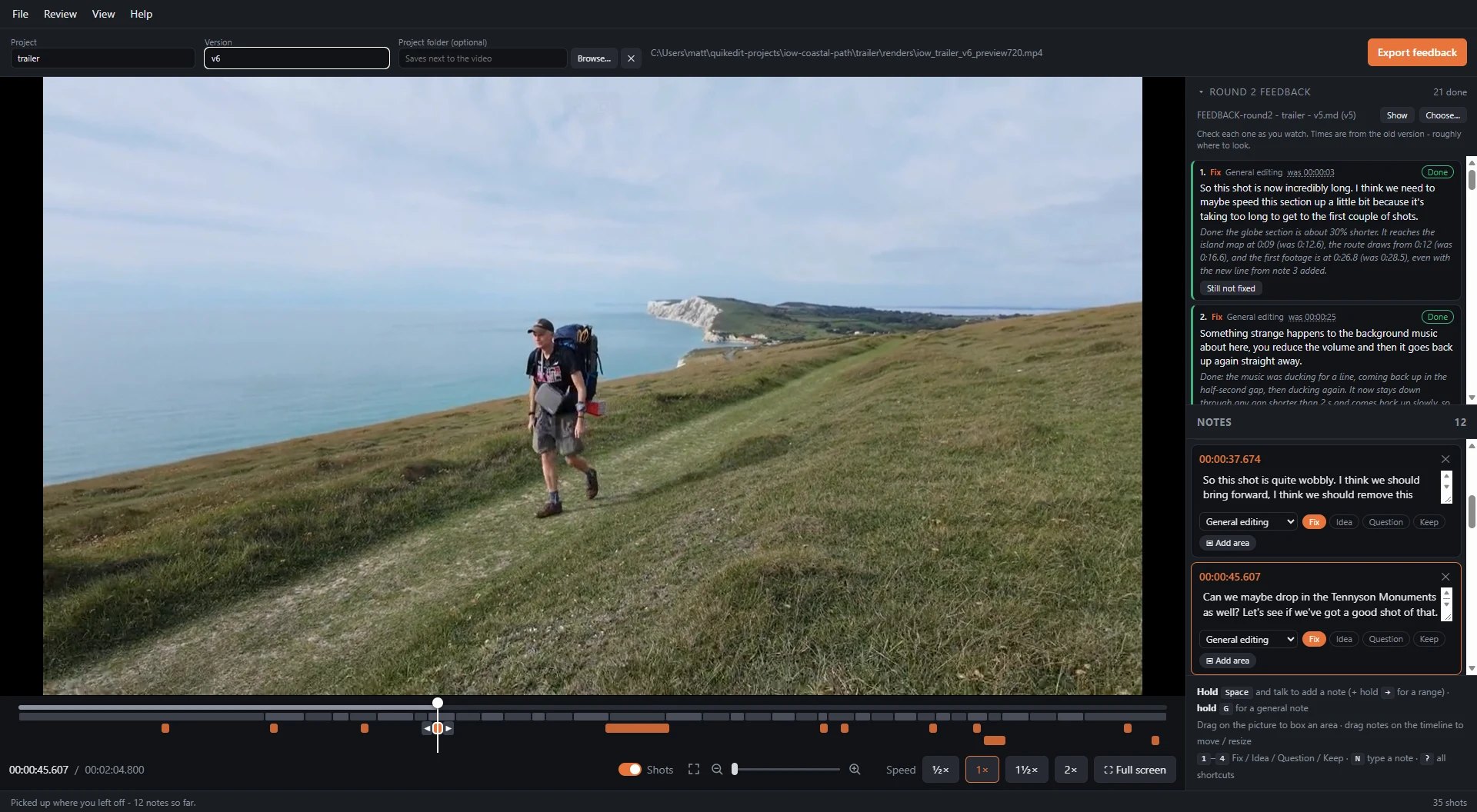 Video Review reviewing a walking-trail trailer: the video on the left, the previous round's feedback marked Done at the top right, new timestamped notes below it, and the shots strip with note markers along the timeline
